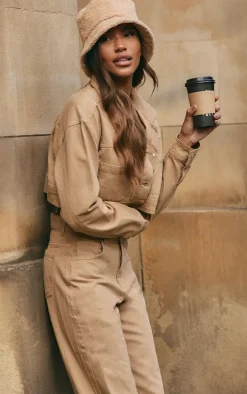 New PrettyLittleThing With Contrast Stitch Crop Denim Jacket Mocha