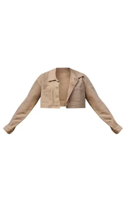 New PrettyLittleThing With Contrast Stitch Crop Denim Jacket Mocha