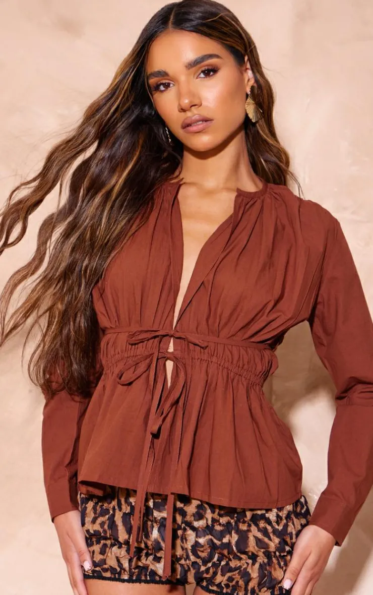PrettyLittleThing Shirts*Woven Double Tie Shirred Top