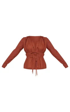 PrettyLittleThing Shirts*Woven Double Tie Shirred Top