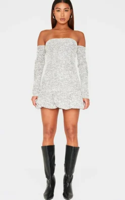 Bardot Boucle Puffball Mini Dress-PrettyLittleThing Sale