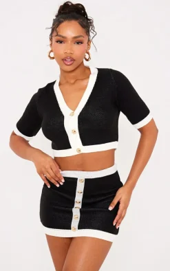 PrettyLittleThing Contrast Hem Button Up Mini Cardigan Monochrome