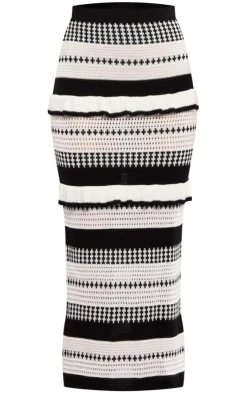 Online PrettyLittleThing Contrast Stitch Crochet Knit Midaxi Skirt Monochrome