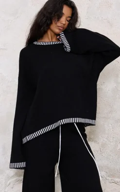 PrettyLittleThing Knitted Two Piece Sets*Contrast Stitch Detail Knit Oversized Sweater