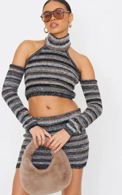 Hot PrettyLittleThing Contrast Stripe Knit Micro Mini Skirt Monochrome