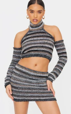 Hot PrettyLittleThing Contrast Stripe Knit High Neck Top With Sleeves Monochrome