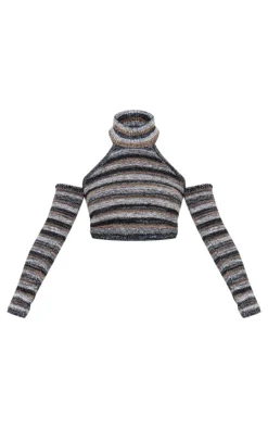 Hot PrettyLittleThing Contrast Stripe Knit High Neck Top With Sleeves Monochrome