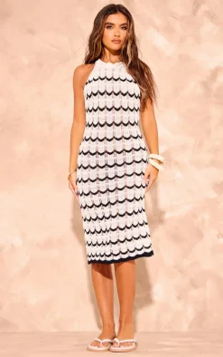 Monochrome Crochet Wave Knit Racer Neck Maxi Dress