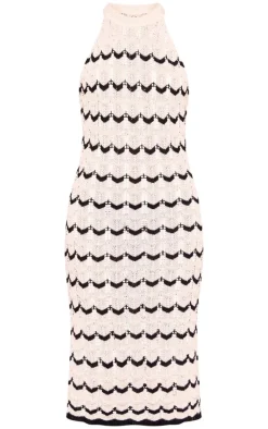 Monochrome Crochet Wave Knit Racer Neck Maxi Dress