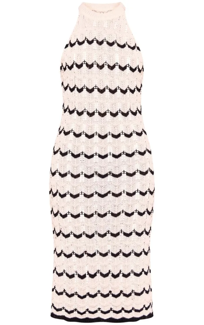 Monochrome Crochet Wave Knit Racer Neck Maxi Dress