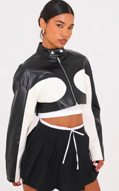 PrettyLittleThing Faux Leather Jackets*Faux Leather Contrast Panel Cropped Jacket