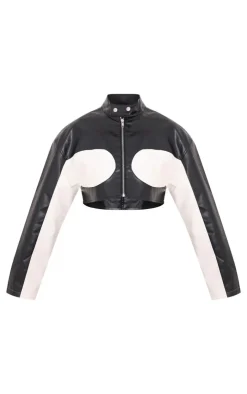 PrettyLittleThing Faux Leather Jackets*Faux Leather Contrast Panel Cropped Jacket