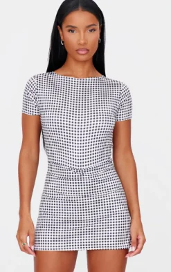 Monochrome Gingham Print Cap Sleeve Slinky Skort Romper