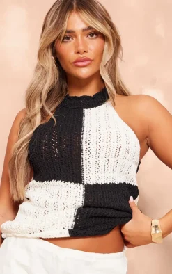 PrettyLittleThing Knitted Tops*High Neck Contrast Crochet Knit Top