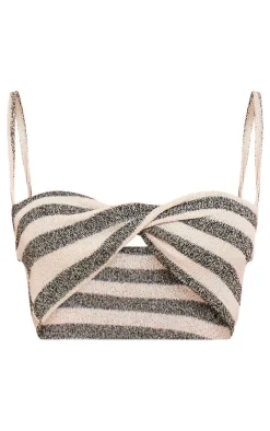 Online PrettyLittleThing Knitted Stripe Twist Cami Crop Top Monochrome