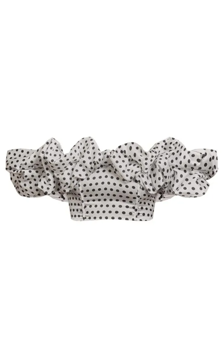 Online PrettyLittleThing Polka Dot Ruffle Detail Top Monochrome