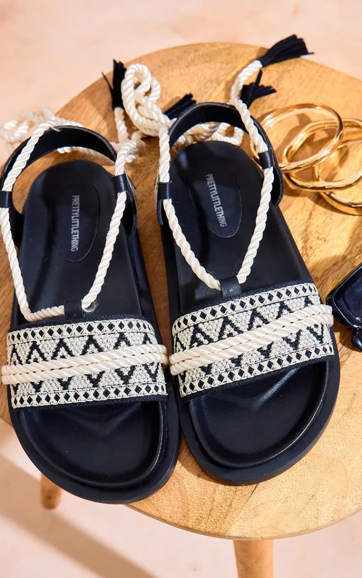 PrettyLittleThing Flat Sandals*PU Round Toe Embroidery Strap Lace Up Sandals