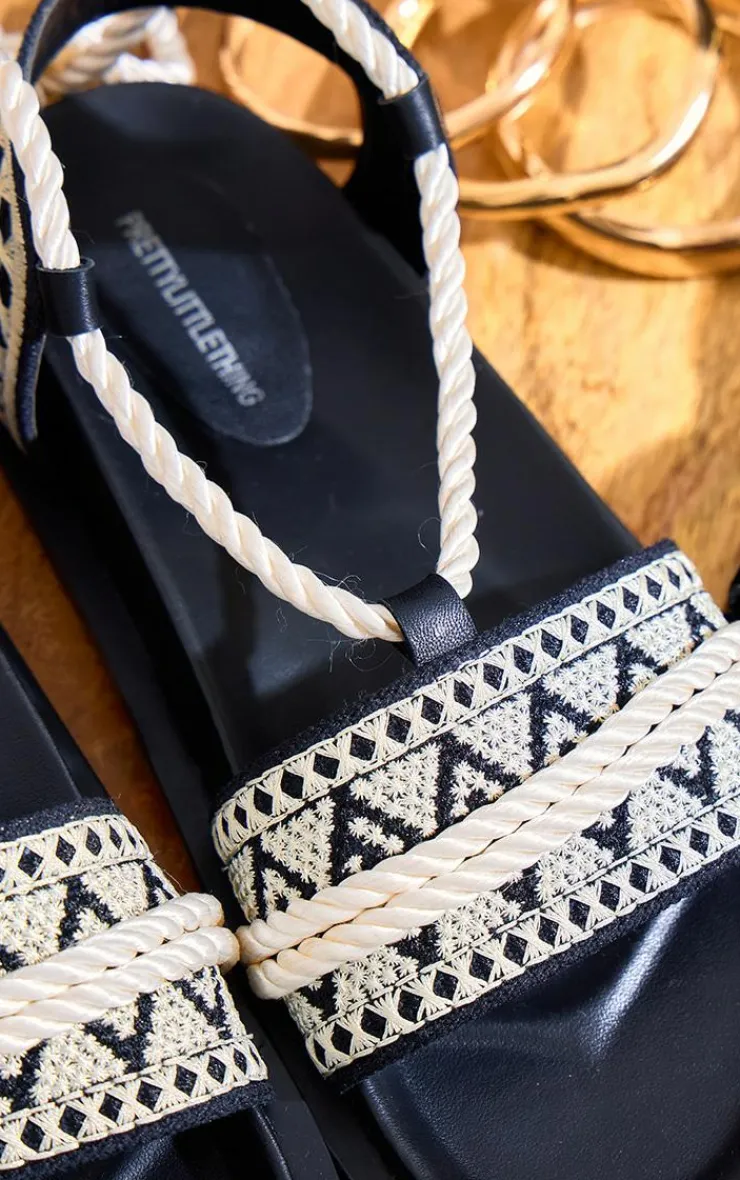 PrettyLittleThing Flat Sandals*PU Round Toe Embroidery Strap Lace Up Sandals