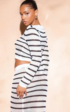 Sale PrettyLittleThing Stripe Crochet Knit Square Neck Long Sleeve Top Monochrome