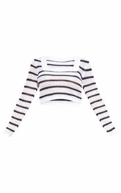 Sale PrettyLittleThing Stripe Crochet Knit Square Neck Long Sleeve Top Monochrome