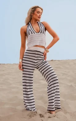 PrettyLittleThing Knitted Tops*Stripe Crochet Knit Plunge Crop Top