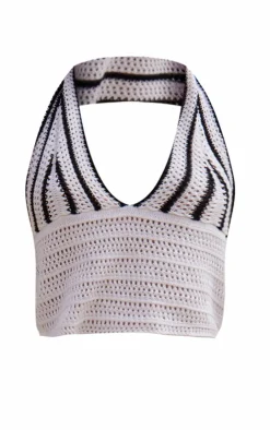 PrettyLittleThing Knitted Tops*Stripe Crochet Knit Plunge Crop Top