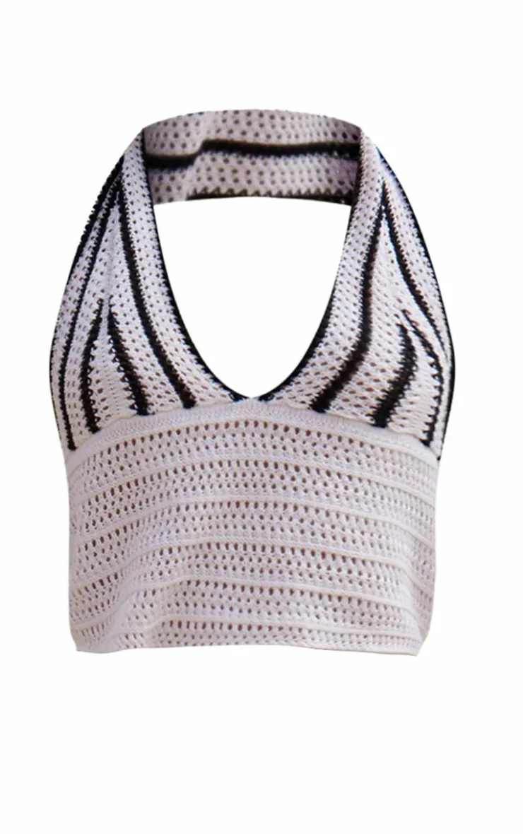 PrettyLittleThing Knitted Tops*Stripe Crochet Knit Plunge Crop Top