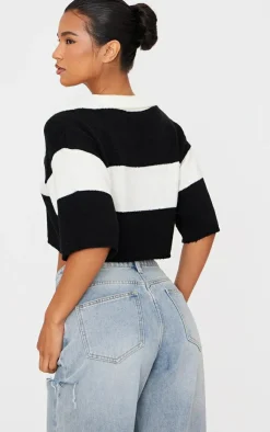 PrettyLittleThing Knitted Tops*Stripe Knit V Neck Cropped Rugby Top