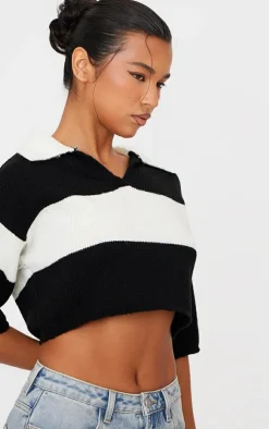 PrettyLittleThing Knitted Tops*Stripe Knit V Neck Cropped Rugby Top