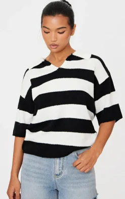 PrettyLittleThing Knitted Tops*Stripe Knit V Neck Oversized Rugby Top