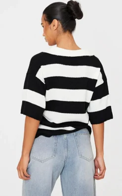 PrettyLittleThing Knitted Tops*Stripe Knit V Neck Oversized Rugby Top