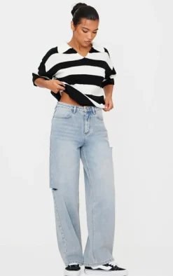 PrettyLittleThing Knitted Tops*Stripe Knit V Neck Oversized Rugby Top
