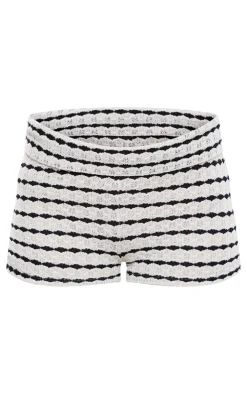 New PrettyLittleThing Stripe Knitted Foldover Waistband Low Rise Hot Pants Monochrome