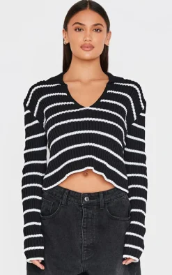 PrettyLittleThing Knitted Tops*Stripe Rib Knit V Neck Cropped Polo