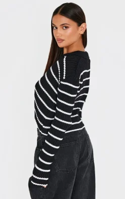 PrettyLittleThing Knitted Tops*Stripe Rib Knit V Neck Cropped Polo