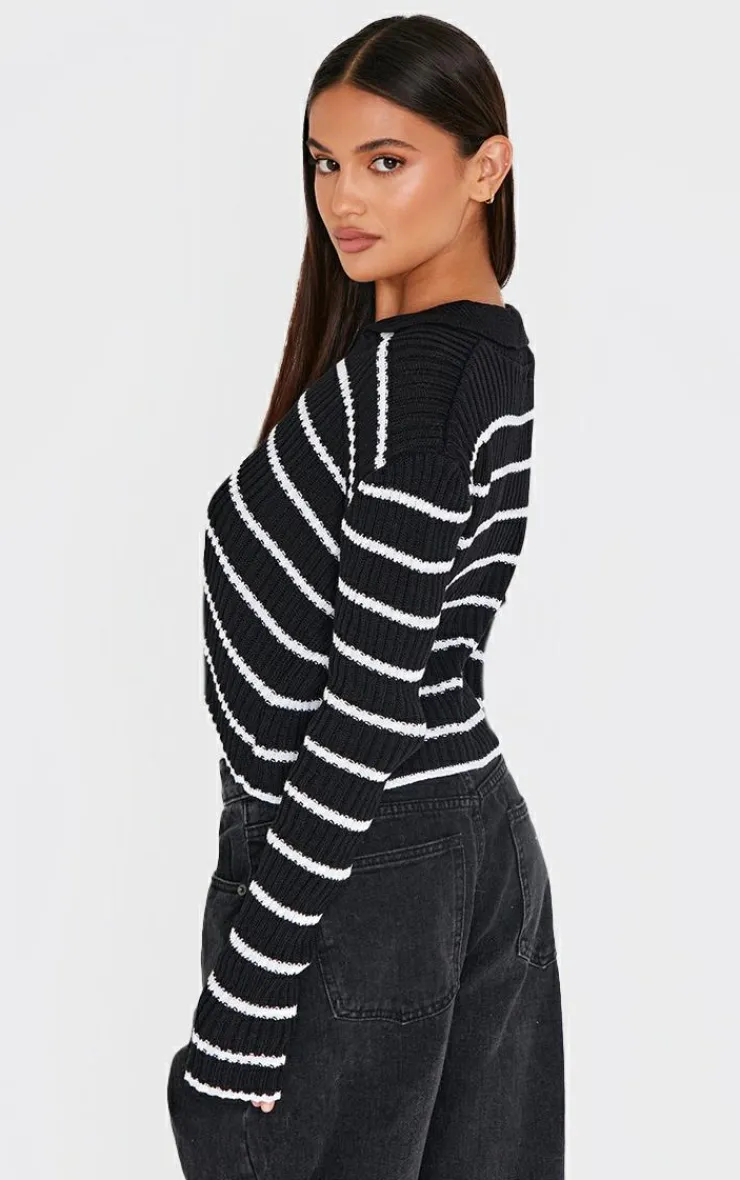 PrettyLittleThing Knitted Tops*Stripe Rib Knit V Neck Cropped Polo