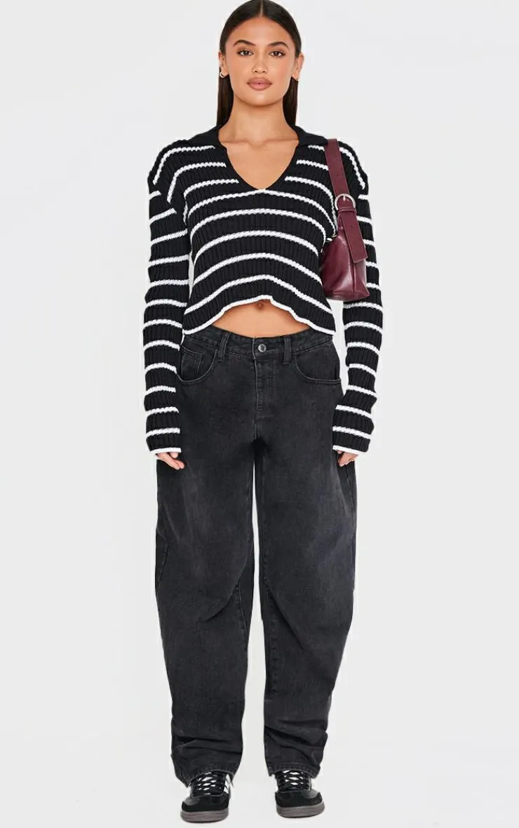 PrettyLittleThing Knitted Tops*Stripe Rib Knit V Neck Cropped Polo