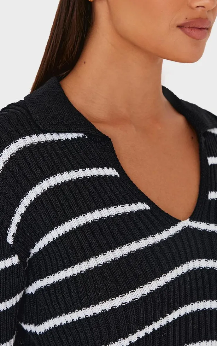 PrettyLittleThing Knitted Tops*Stripe Rib Knit V Neck Cropped Polo