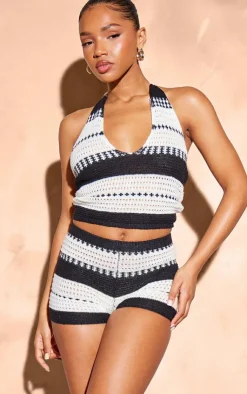 New PrettyLittleThing Stripe Soft Knit Tie Neck Crop Top Monochrome