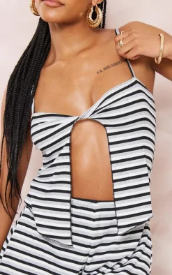 Monochrome Stripe Twist Bust Strappy Cut Out Romper