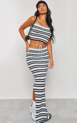 Discount PrettyLittleThing Striped Knitted Halter Crop Top Monochrome