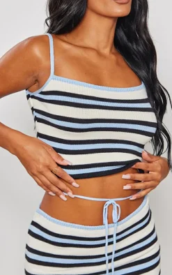 Discount PrettyLittleThing Striped Knitted Halter Crop Top Monochrome