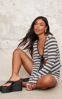 Clearance PrettyLittleThing Striped Textured Tie Front Long Sleeve Top Monochrome