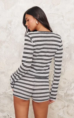 Clearance PrettyLittleThing Striped Textured Tie Front Long Sleeve Top Monochrome