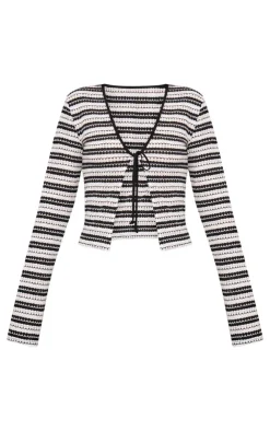 Clearance PrettyLittleThing Striped Textured Tie Front Long Sleeve Top Monochrome