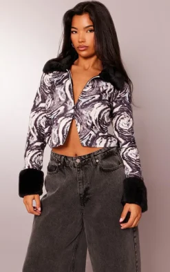PrettyLittleThing Cardigans*Swirl Print Faux Fur Zip Up Knit Cardigan