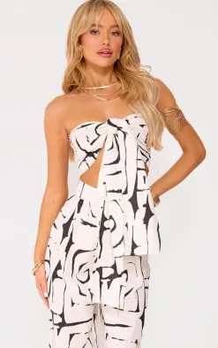 New PrettyLittleThing Swirl Print Linen Look Tie Front Crop Top Monochrome