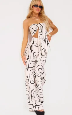 New PrettyLittleThing Swirl Print Linen Look Tie Front Crop Top Monochrome