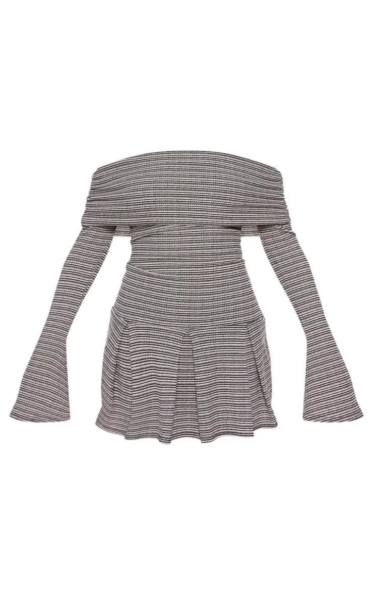Textured Bardot Flared Sleeve Shift Dress-PrettyLittleThing Clearance
