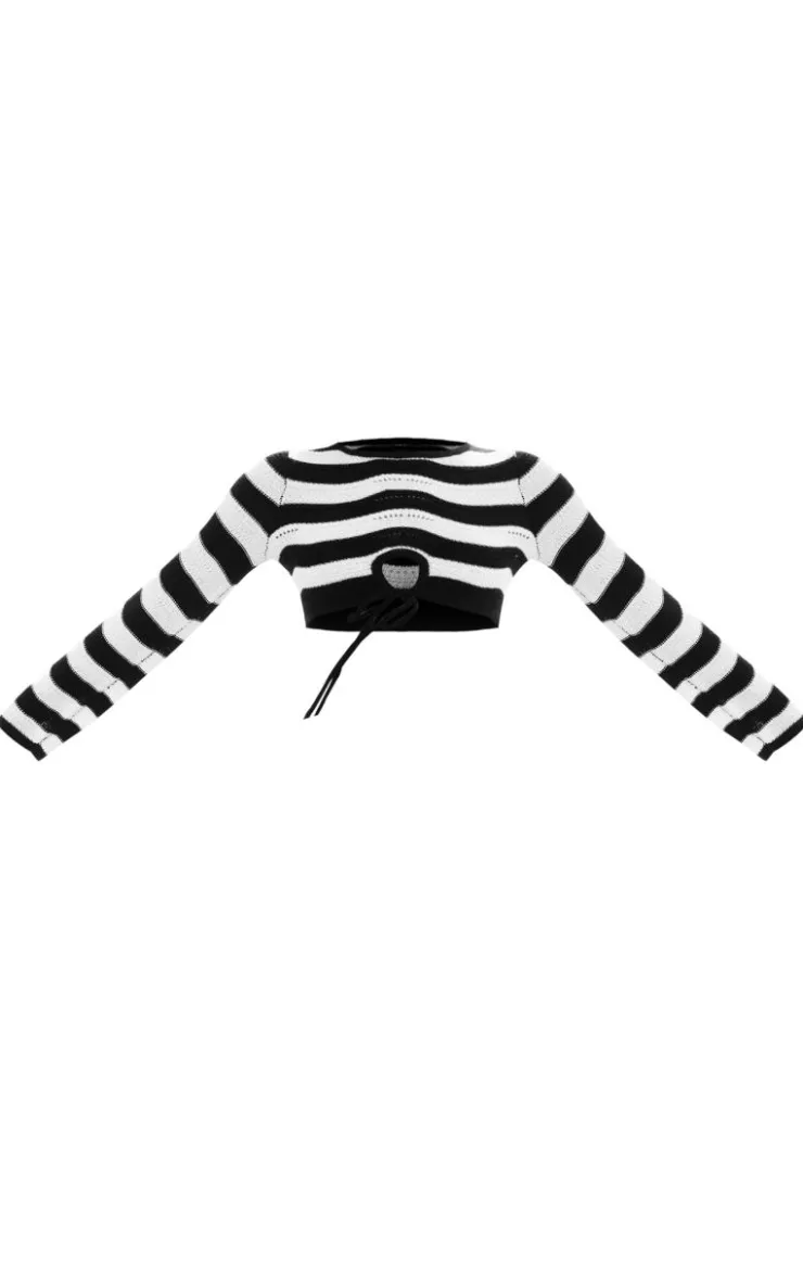 Hot PrettyLittleThing Wave Knit Long Sleeve Crop Top Monochrome